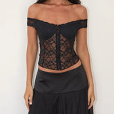 BXOXO Elegant Women's Off Shoulder Lace Corset Crop Tops Black Short Sleeve Solid Color Slim Fit Bustier Tops Vintage Shirts